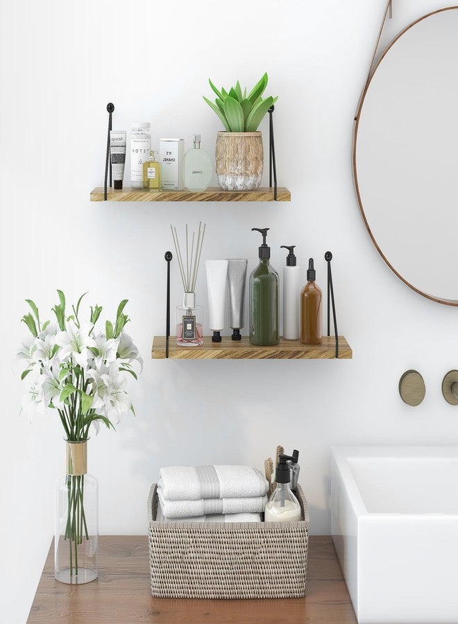 Sapowerntus Floating Shelves Wall Mounted Shelf Rustic Light Wood Bathroom Bedroom Kitchen Hanging Storage Organizer with Triangle Metal Brackets Farmhouse Living Room Office Home Decor Set of 2 - Image 2